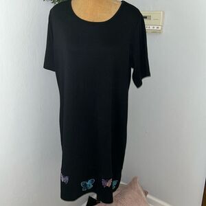 Quacker Factory black t-shirt dressed adorned with sequin butterflies.